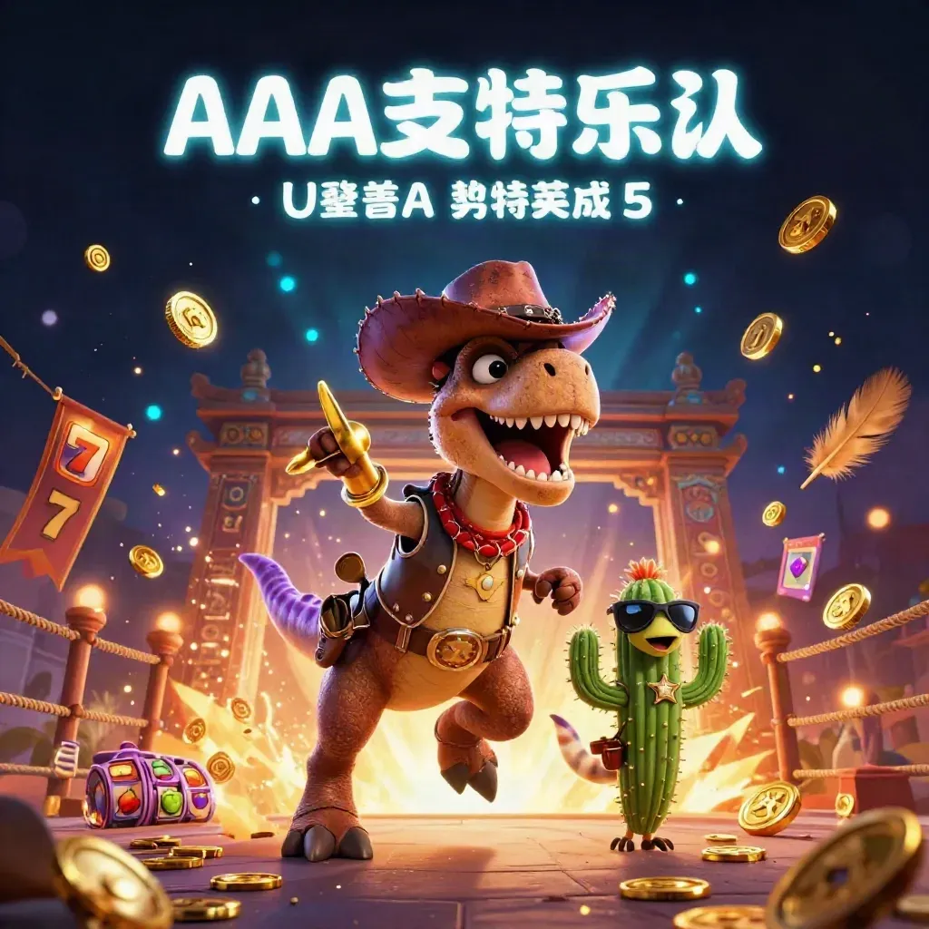 Cowboy T-Rex, cactus pal, and roadrunner blast through treasure, neon reels, and temple gates.