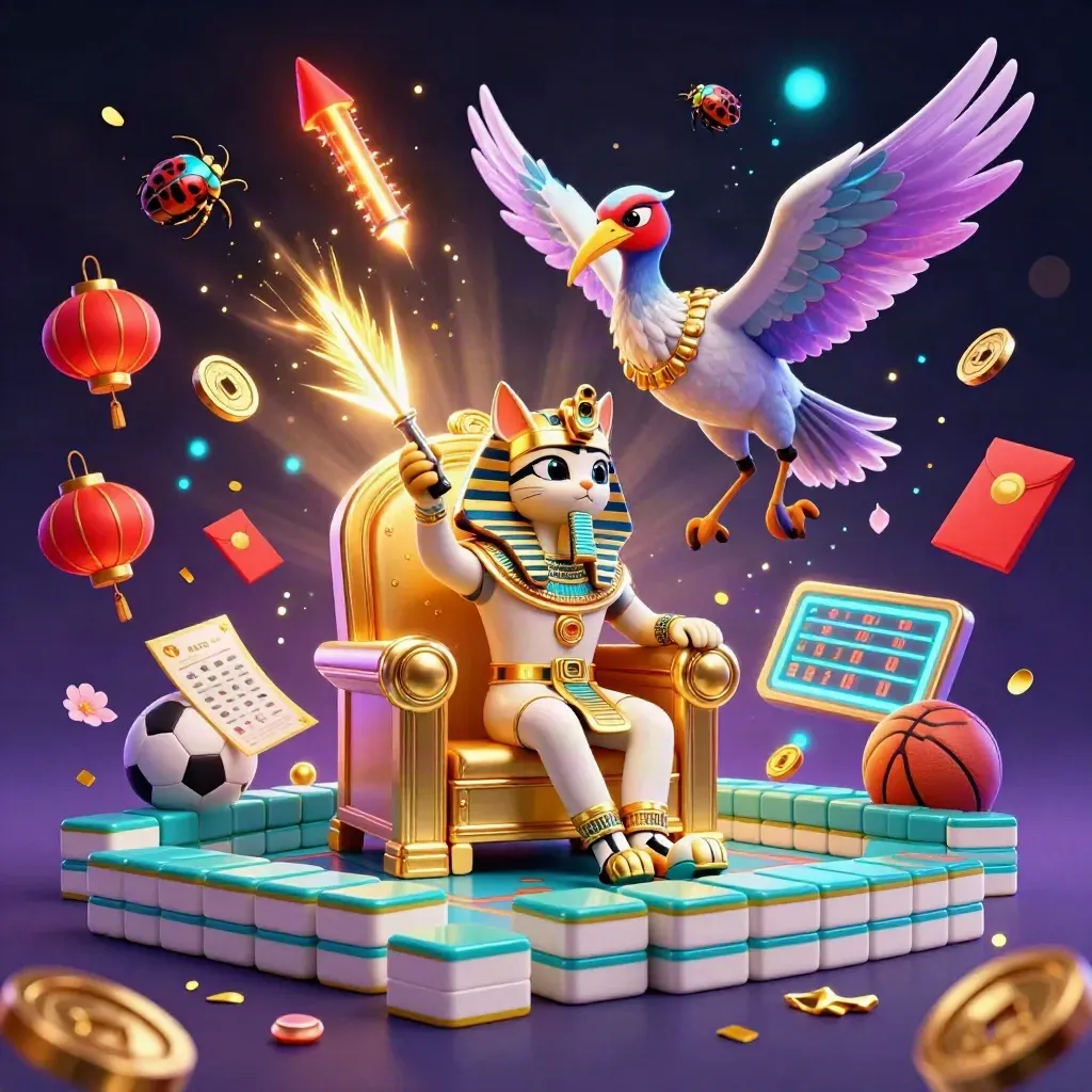 Pharaoh cat and ibis in a neon casino blast with coins, lanterns, balls, and glowing particles.