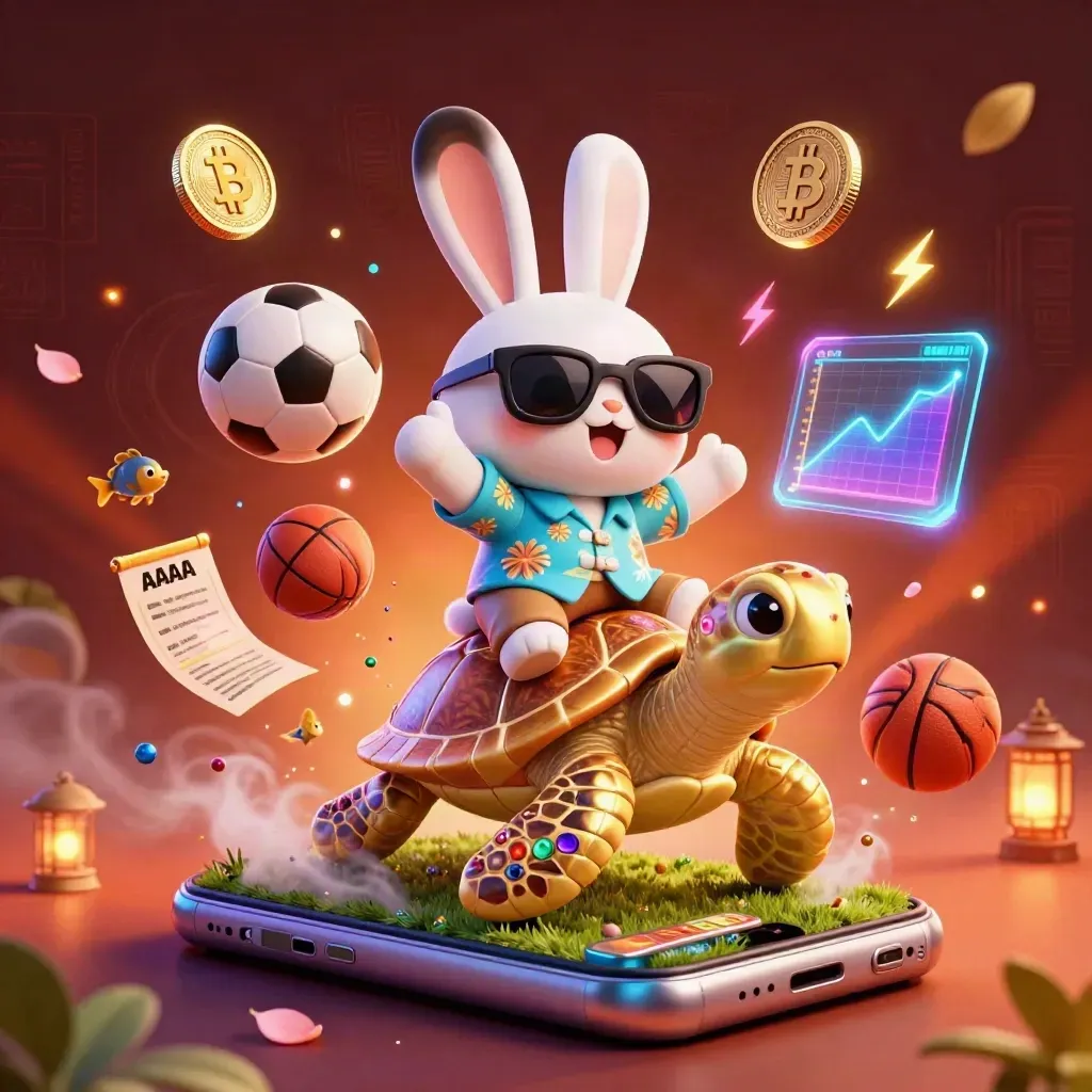 Lucky rabbit rides a jeweled sea turtle amid neon coins, balls, lightning, embers, and petals.