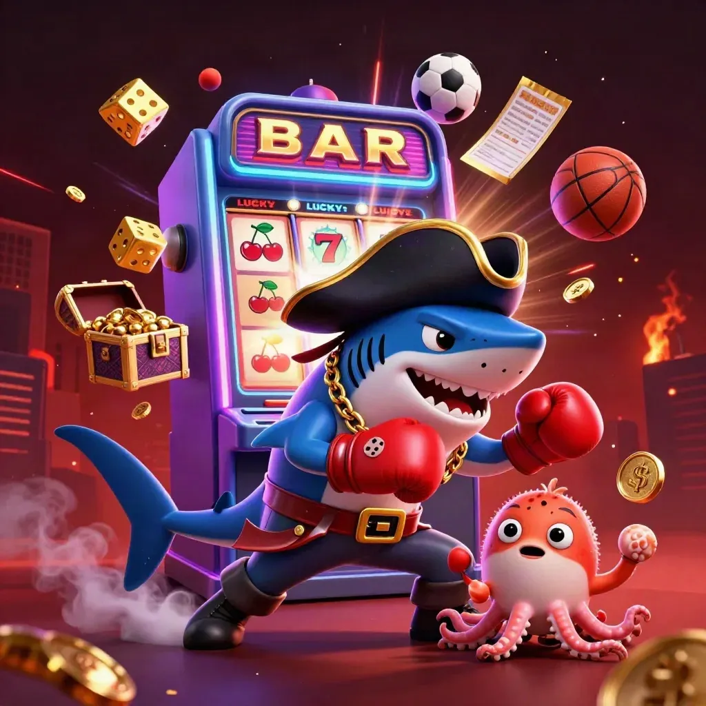 Pirate shark, pufferfish boxer, and octopus amid casino explosions and gold on a dark neon background