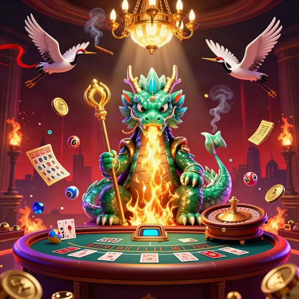 Emerald dragon, turtle sage and cranes in a luxe casino room with neon fire and flying game icons.