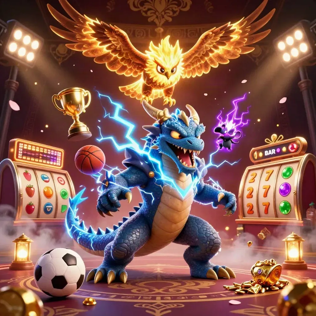 Thunder dragon, winged hawk and crackling mouse amid casino treasures, sports balls and neon lightning