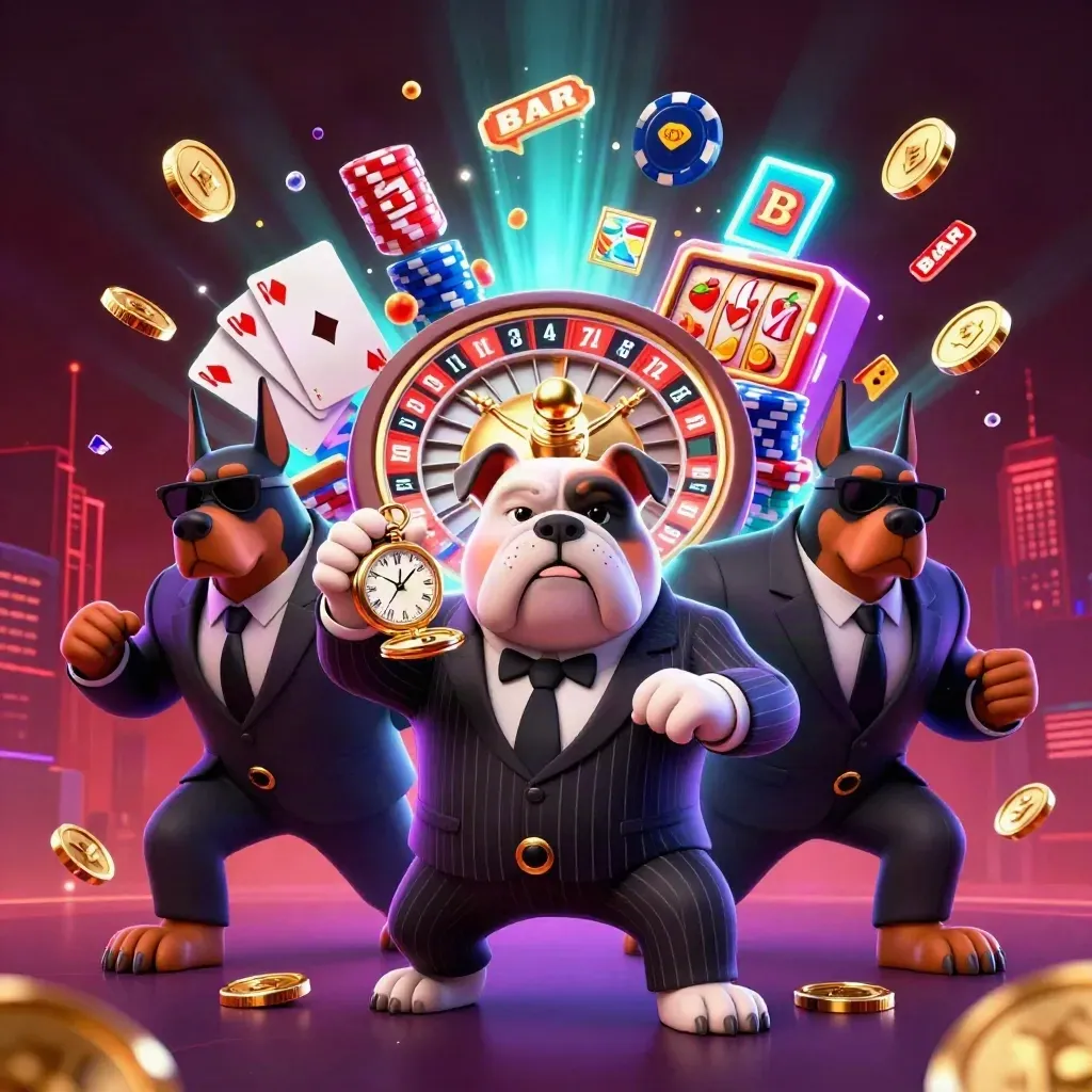 Bulldog boss with two Dobermans amid coins, chips, cards, and neon casino glow.