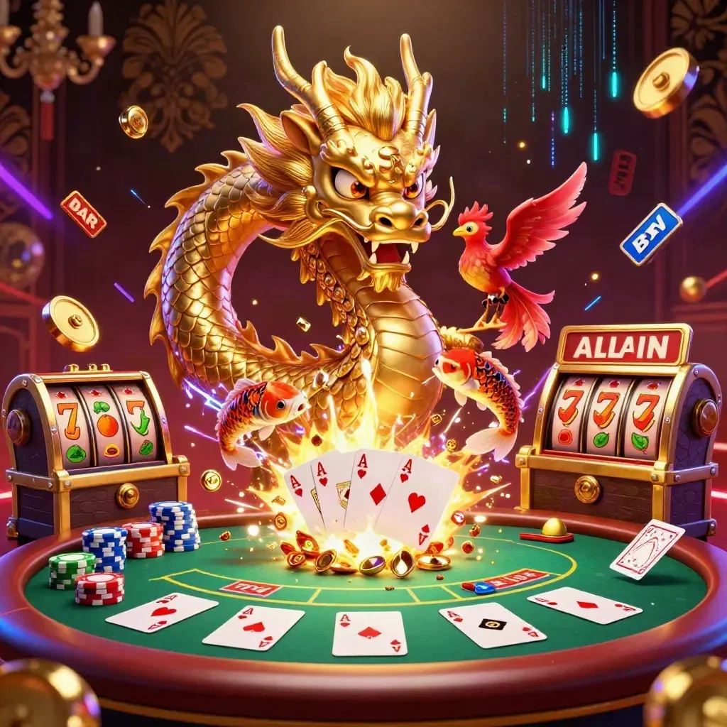 Golden dragon, phoenix, and koi bursting over casino cards, chips, reels, and gems on a dark luxe background.
