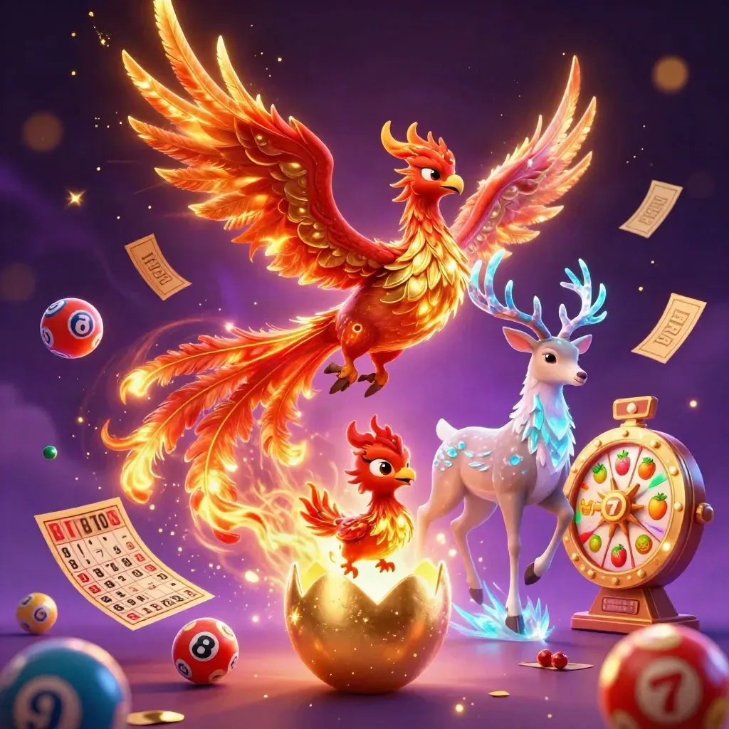 Fire phoenix, hatching baby phoenix, and crystal-antler stag amid casino charms and glowing purple energy.
