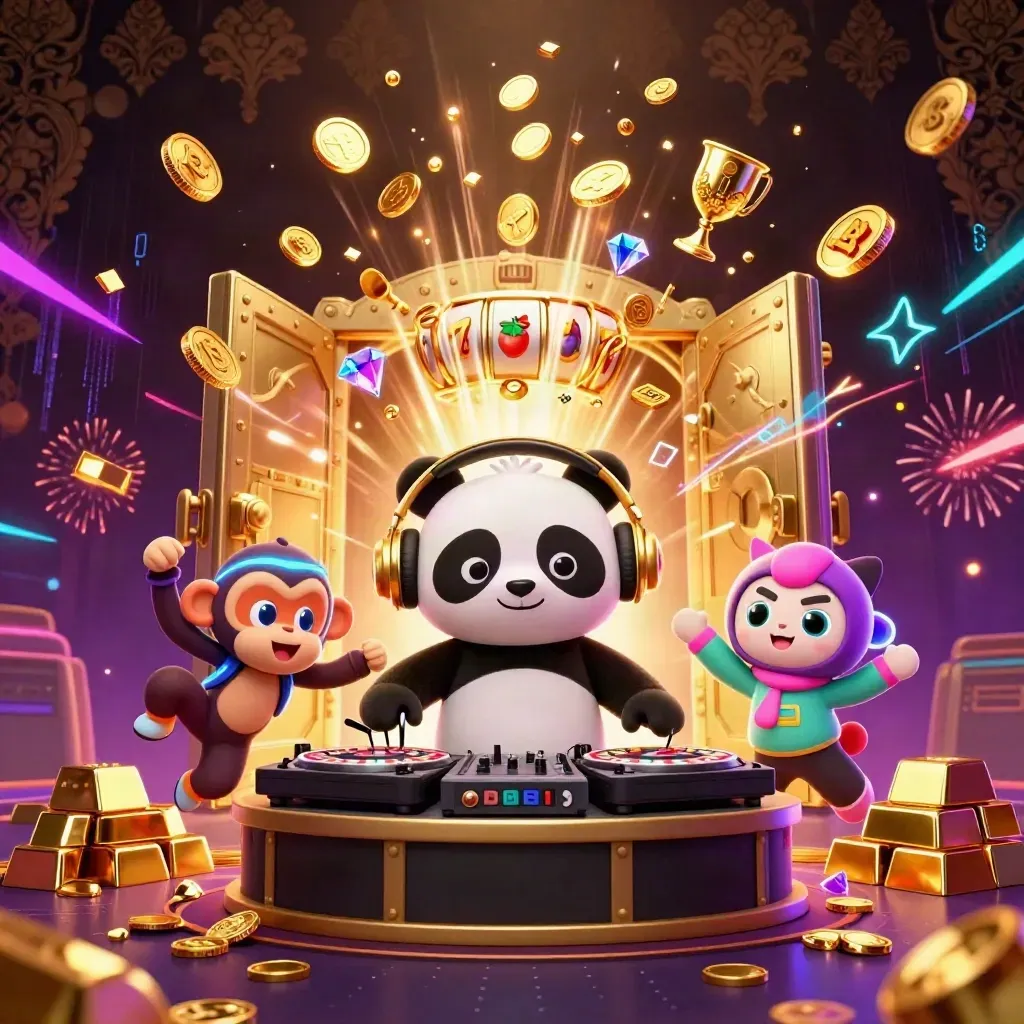 Panda DJ, monkey, and rave kitten burst from a gold vault with coins, gems, and neon effects.