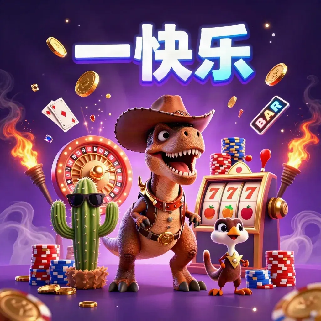 3D cowboy T-Rex, cactus sidekick, roadrunner, coins, roulette, chips, and slot symbols on purple neon