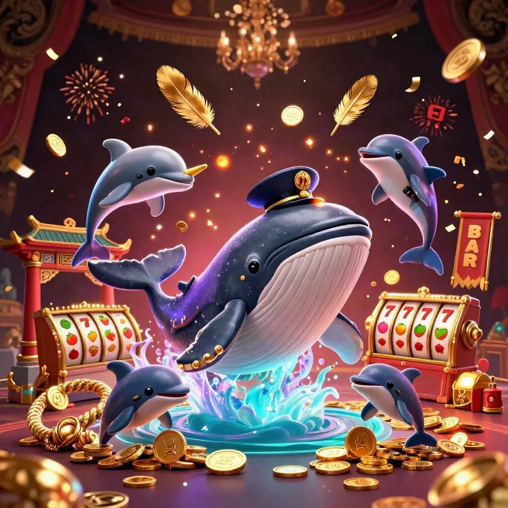 Captain whale, narwhal and dolphins bursting from coins in a neon casino splash scene.