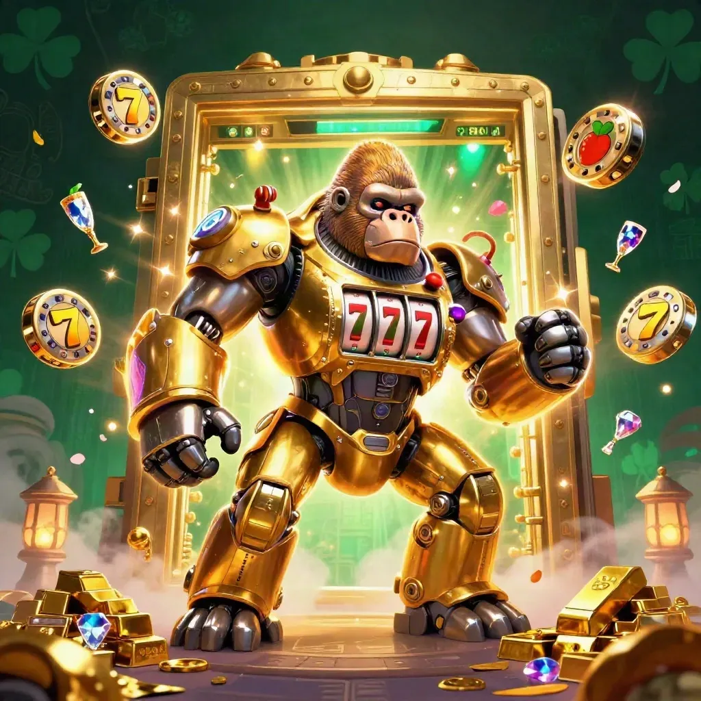 Golden gorilla slot mech with tiny monkey pilot amid vault riches and glowing reels