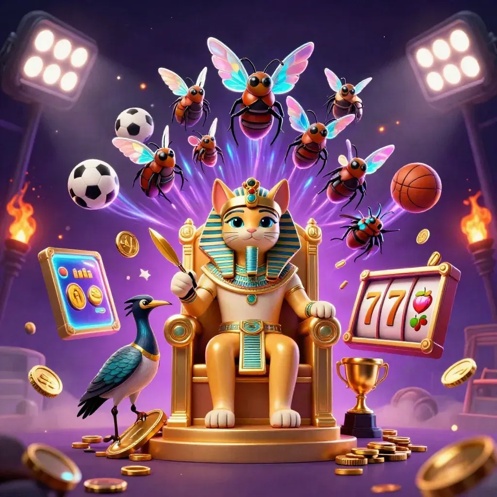 Pharaoh cat on a golden throne with ibis scribe, scarabs, coins, balls, and neon casino effects.